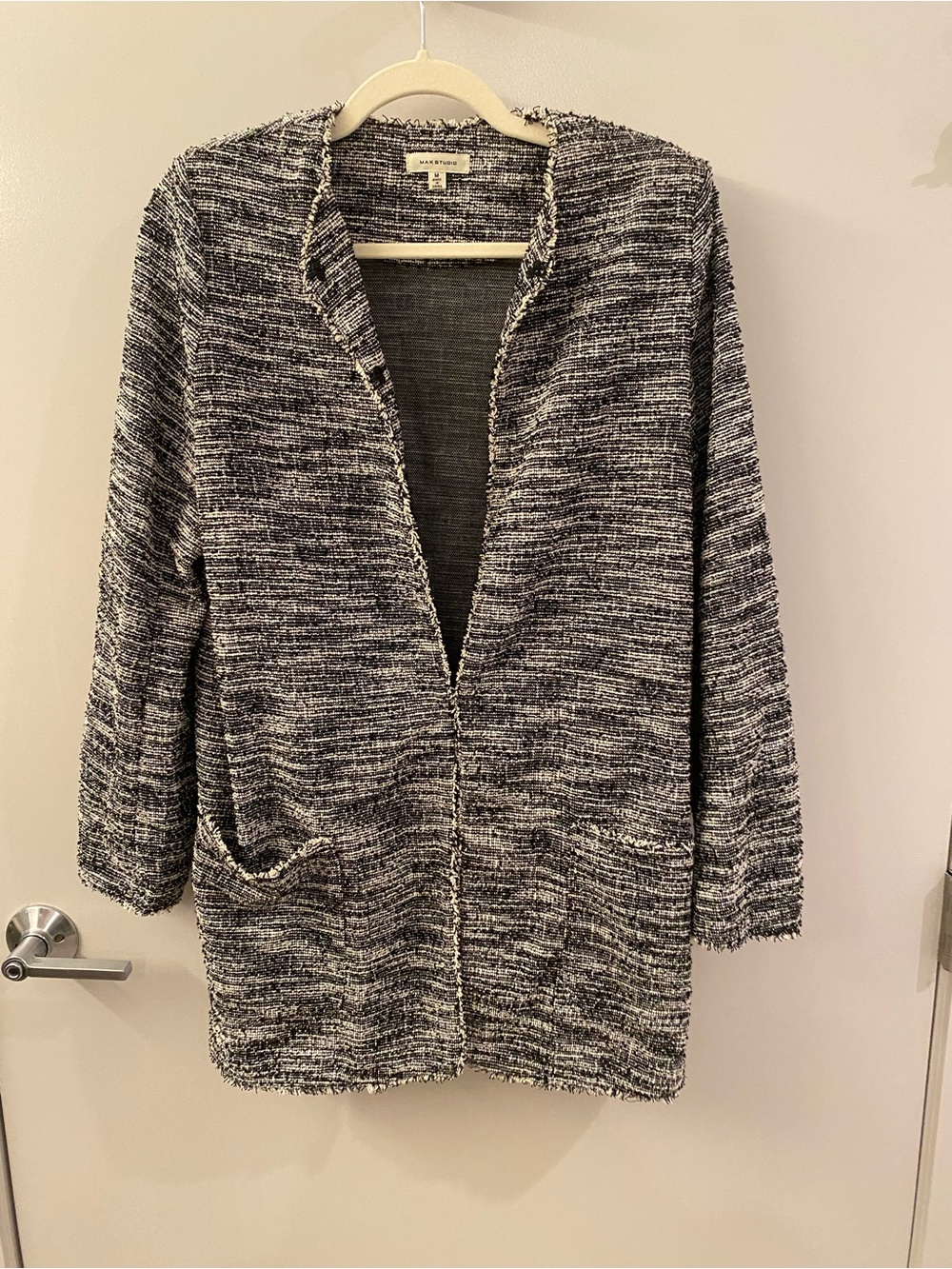 Max Studio Black & White Open-Front Bouclé Cardigan